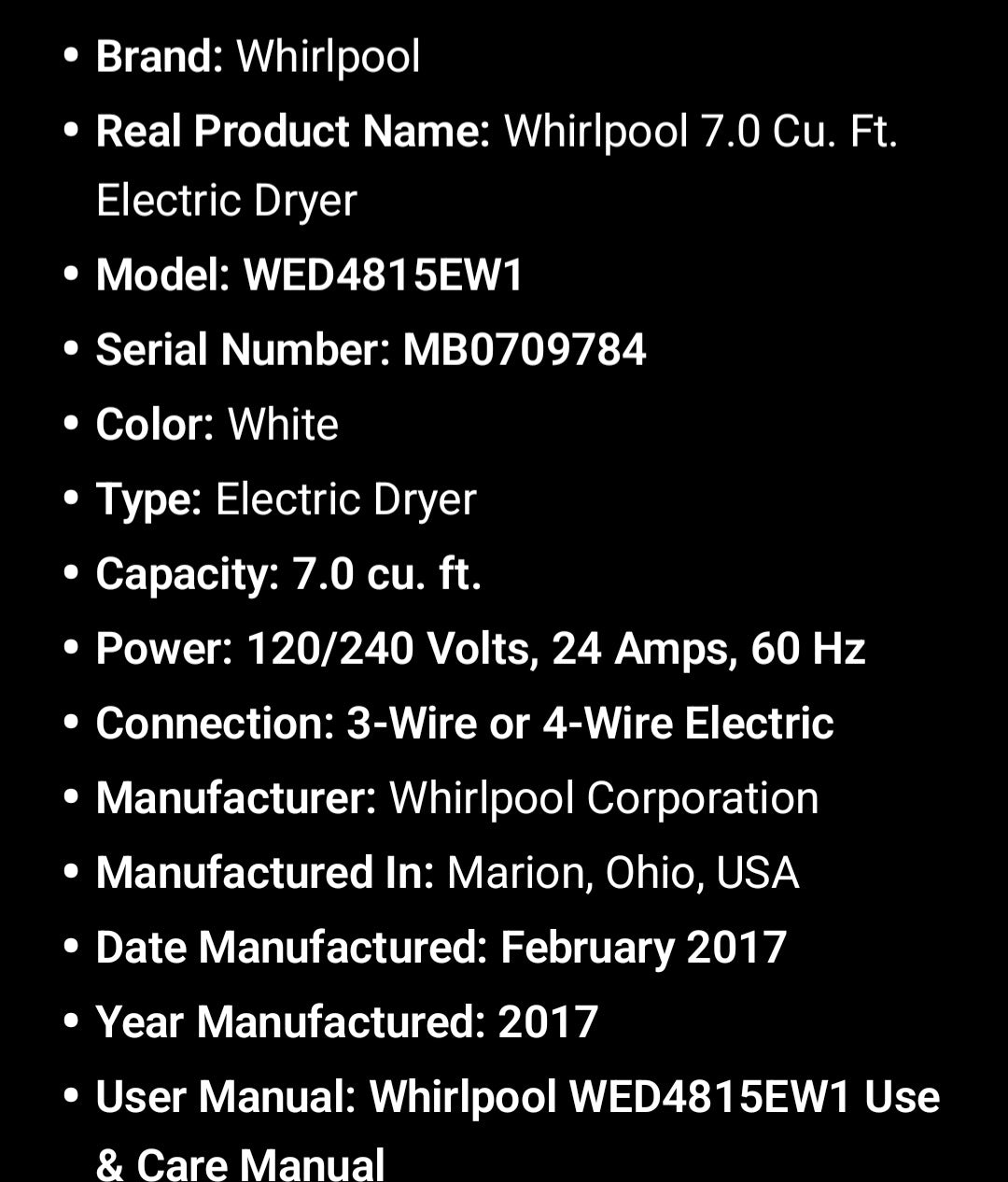 Whirlpool 7.0 Cu. Ft. Electric Dryer
