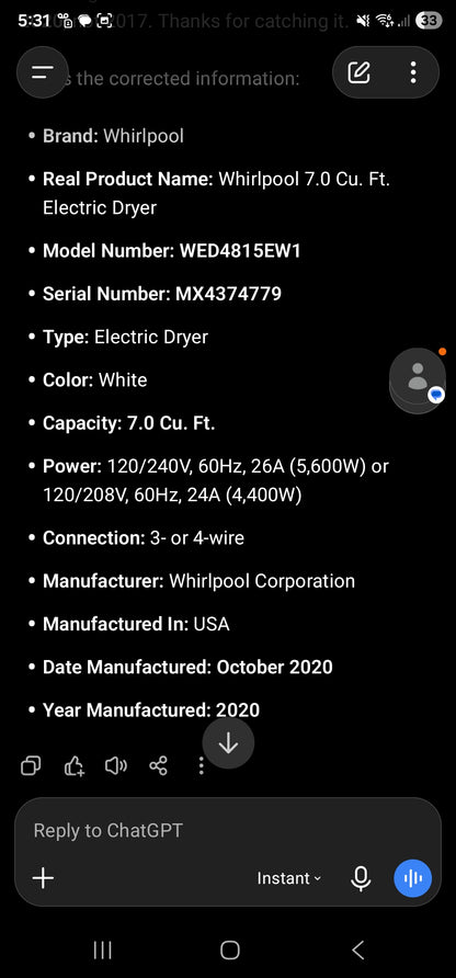 Whirlpool 7.0 Cu. Ft. Electric Dryer