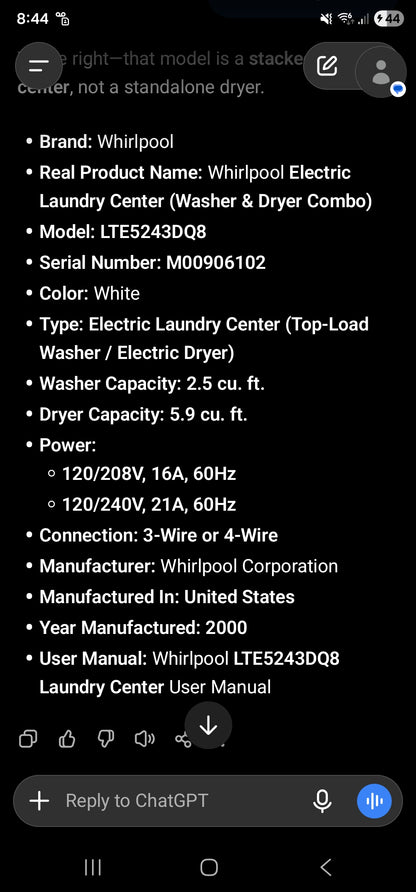 Whirlpool Electric Laundry Center (Washer & Dryer Combo)