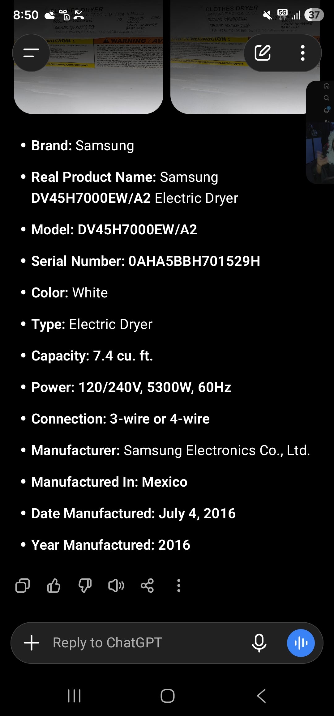 Samsung DV45H7000EW/A2 Electric Dryer