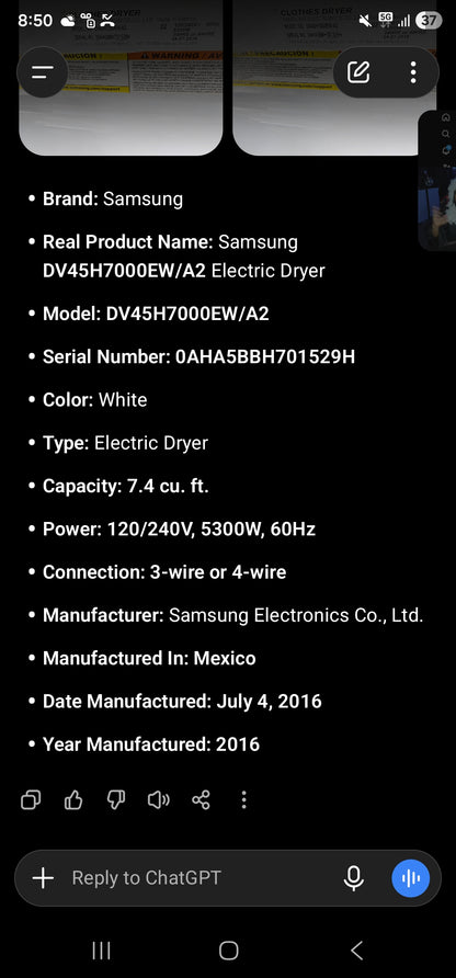 Samsung DV45H7000EW/A2 Electric Dryer