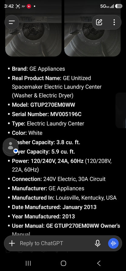 GE Unitized Spacemaker Electric Laundry Center (Washer & Electric Dryer)