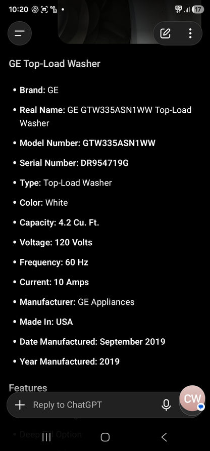 GE GTW335ASN1WW Top-Load Washer